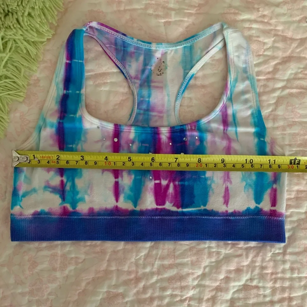 Justice Sports Bra Girls Blue Purple White Tie Dye Racer Back Rhinestone